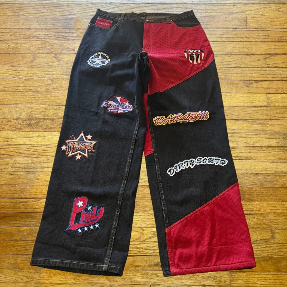 Kenpo Collection Baggy Patchwork Jeans Black Red Mesh City Patches Mens 38x31